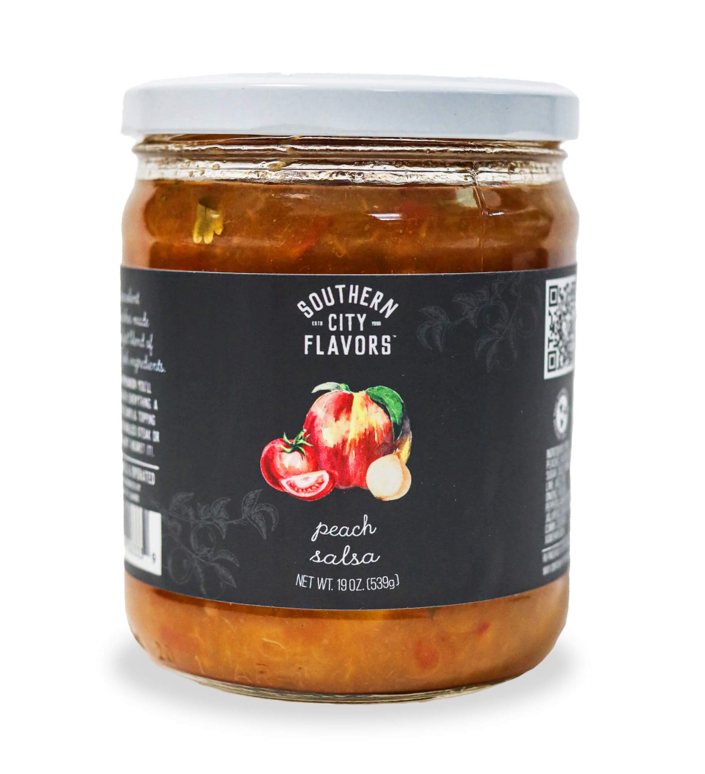 Jar of Southern City Flavors peach salsa on a white background